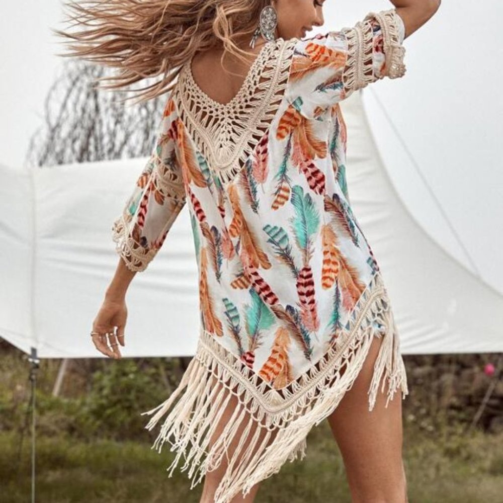 Boho Tribal Feather Print Fringe Detail TOp - Picture 2 of 8